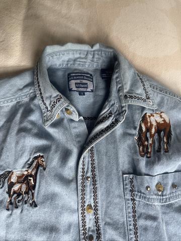 Denim cut off embroidered horse shirt