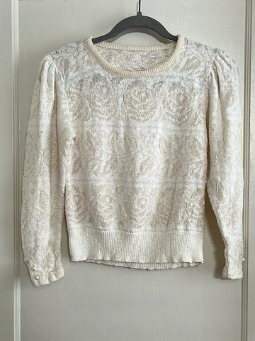 80s Cream & White Rose Pattern Puff Shoulder Pullover Sweater