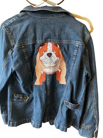J. Jill denim jacket decorated with embroidered bulldog. Size medium
