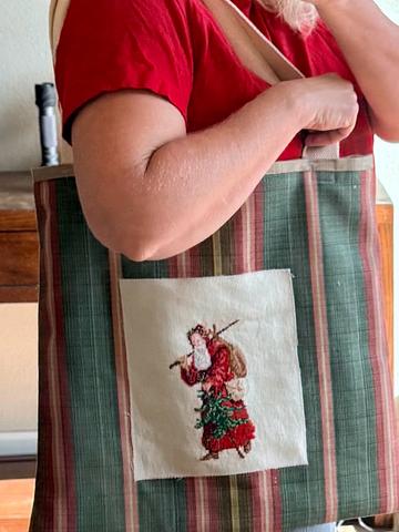 Handmade tote bag with cross stitch Santa
