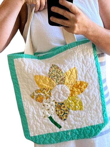 Upcycled quilted tote with quilted flowers