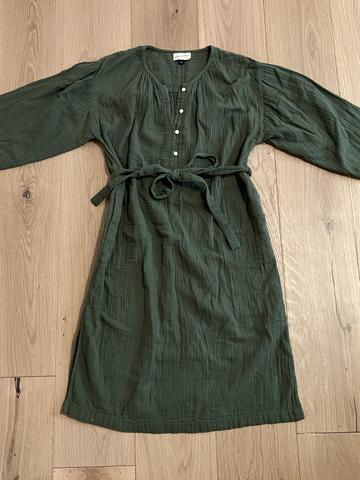 Forest Green Button-Front Gauze Dress with Removable Waist Tie