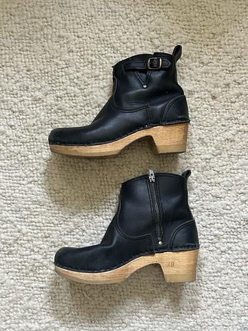 5" Leather Clog Buckle Boot on Mid Heel in Black