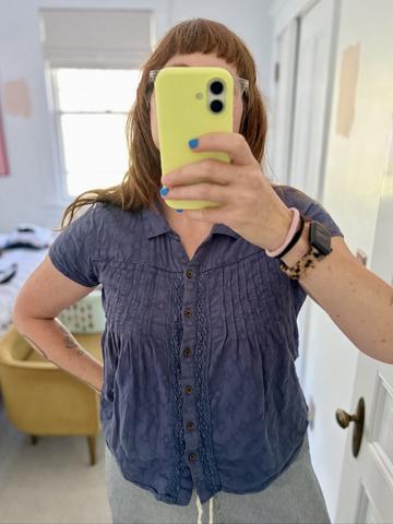 Blue short sleeve shirt with lace and pintuck details