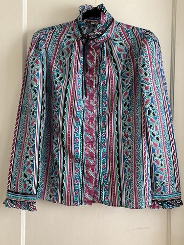 Cristin Stevens High Neck Lightweight Paisley Stripe Ruffle Blouse Top