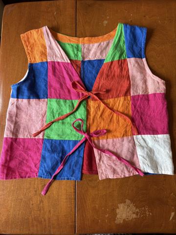 Tie-front patchwork linen vest