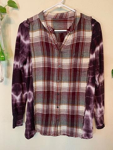 flannel and tie-dye button-down top