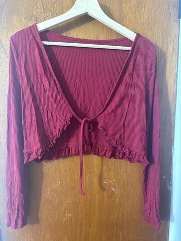 Long Sleeve Crop Top Burgundy Tie Front