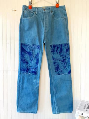Indigo dyed & sun printed knee patch pants