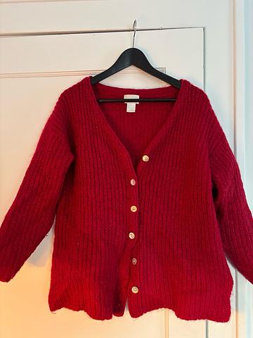 Red mohair cardigan with mother of buttons