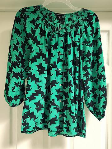 Emerald green and black geometric print silk blouse