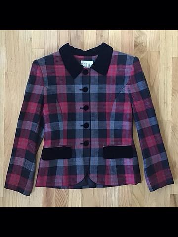 Vintage 90s Red/Gray/Black Plaid Petite Sophisticate Blazer with Black Velvet Trim (moms closet clean-out)
