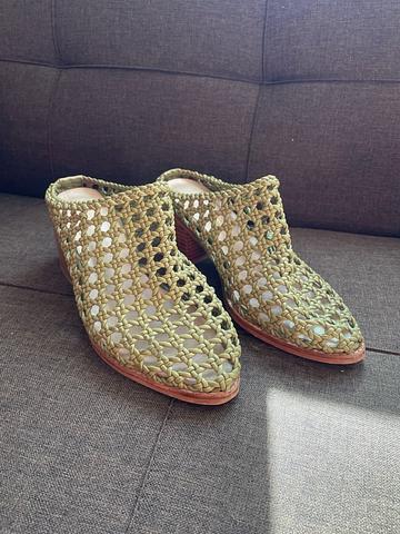 woven heeled mules