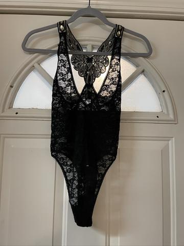Black lace thong bodysuit with sequin back