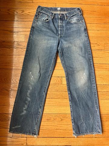 Straight leg distressed Japanese selvedge jeans