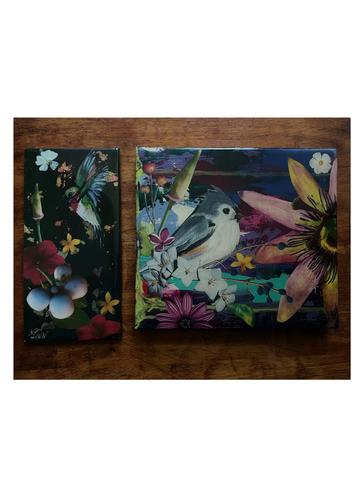 Pair of Signed Original Decoupage Bird Art Wall Hangings - not made by me