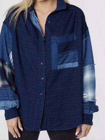 We the Free people indigo patchwork linen cotton blouse XS OVERSIZED