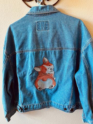 vintage Lizwwar denim jacket with embroidered Corgi on back