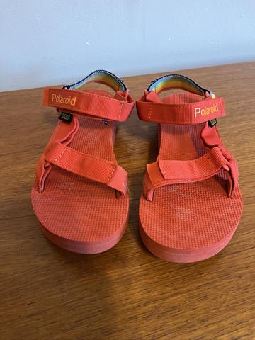 x Polaroid red & rainbow sandals