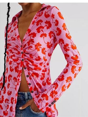 Button Down Mesh Top with Red Buttons