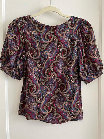 Paisley Patterned Puff Sleeve Short Sleeve Blouse Top Jewel Toned