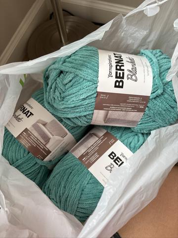 3 Balls Bernat blanket yarn – Light Teal – 6 super bulky, Bernat velvet yarn – Red and Purple, tag details unknown
