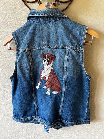 Denim vest embroidered with boxer dog.