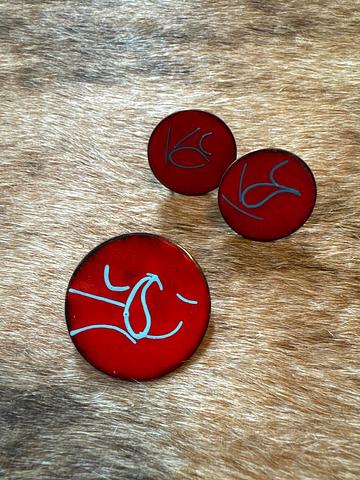 Modernist enamel clip on earring & pin set