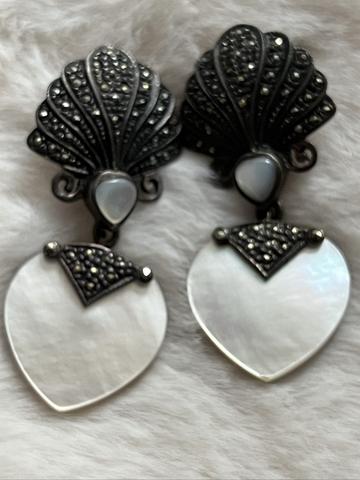 Sterling marcasite and mother of pearl Art Deco inspired heart shaped earrings