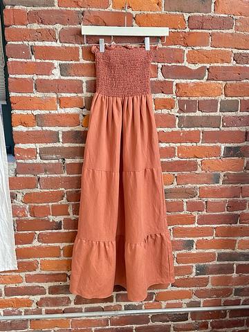 Linen blend smocked tiered dress