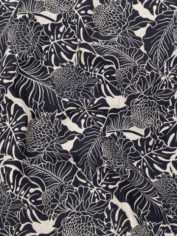 Italian Carbon Blue and Ecru Floral Cotton Jacquard