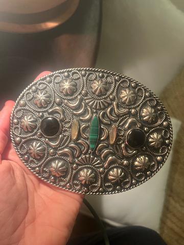 Large Belt Buckle: Hand Casted Alpaca with Semi Precious Stones