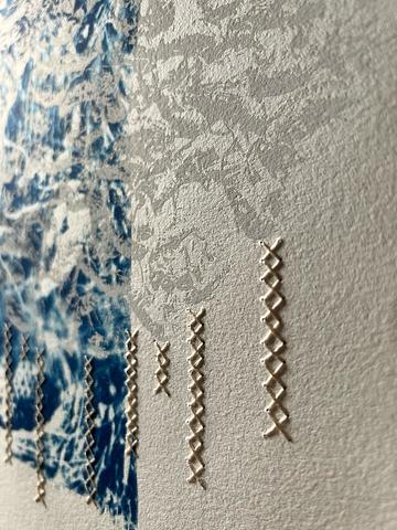 Cyanotype with silkscreen and embroidery