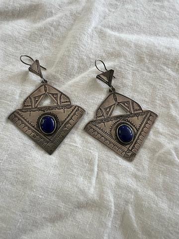 Silver Stamped and Lapis Earrings
