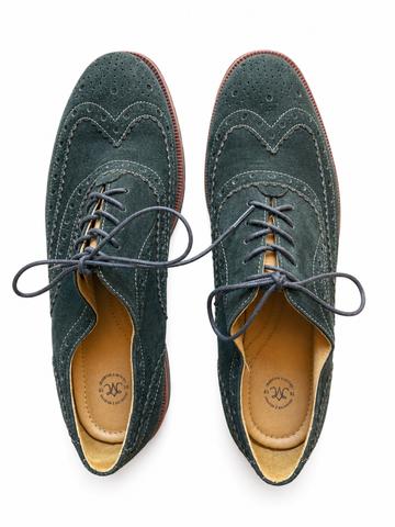 Dark Green Suede Wingtip Oxfords with Yellow Accents