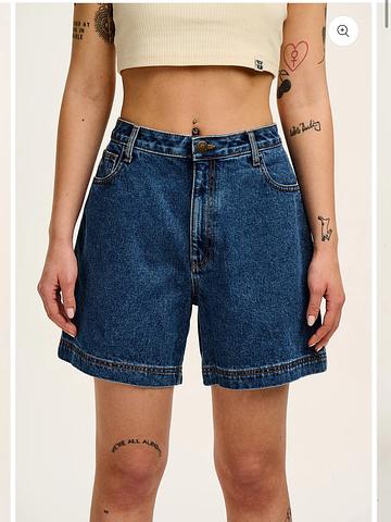Lexi - High Waist Denim Shorts in Mid Wash Blue