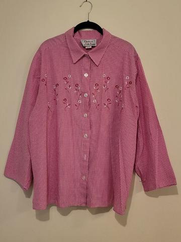 gingham pink shirt with embroidered flowers