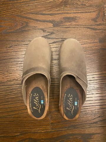 Classic Taupe Clogs in Oiled Nubuck with Strap on Brown Base