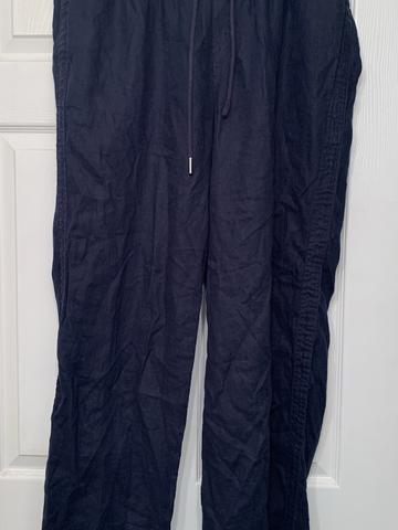 navy blue linen drawstring wide leg pants