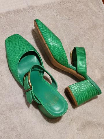 Green snakeskin appearance leather mules