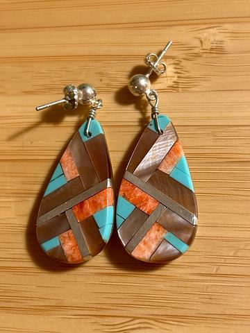 Mother of pearl, turquoise and coral earrings