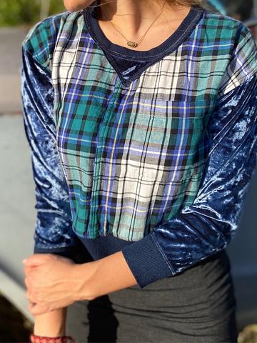 Plaid and velvet upcycled cropped top