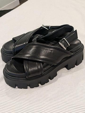Chunky Lug Sole Black Leather Sandals