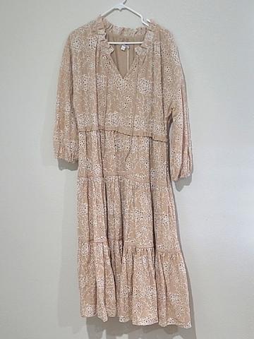 Chicos Beige Khaki Eyelet Embroidered Cotton Dress 2 M L XL