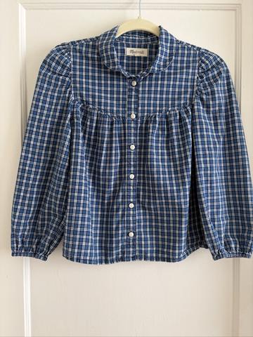 Plaid Button Front Puff Sleeve Rounded Collar Top