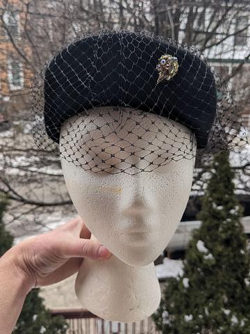 Velour pillbox hat with veil