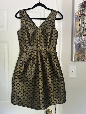 Jacquard metallic gold dot fit and flare dress