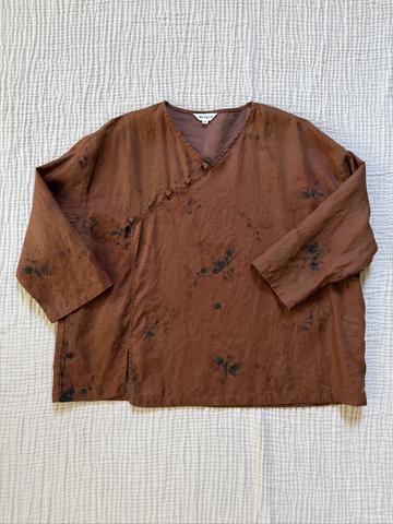 Brown floral linen shirt with slit