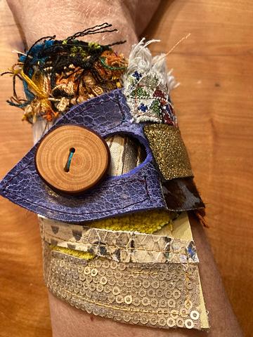 Funky mixed fabrics and leather Cuff