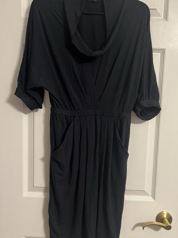 BCBG navy blue cowl neck dolman sleeve pleated dress